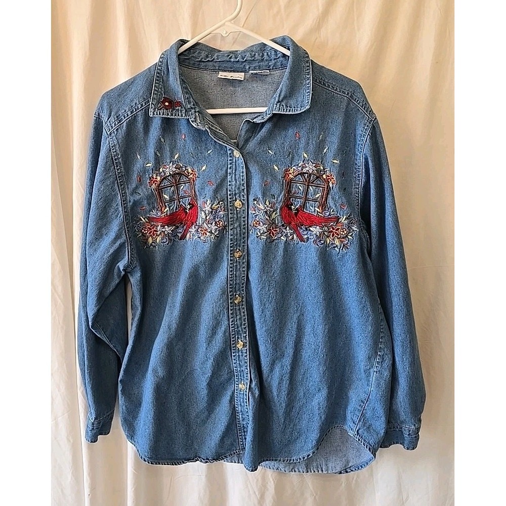 Vtg Bobbie Brooks Denim Shirt W/Embroidered Cardinal Birds & Flowers Long Sleeve
